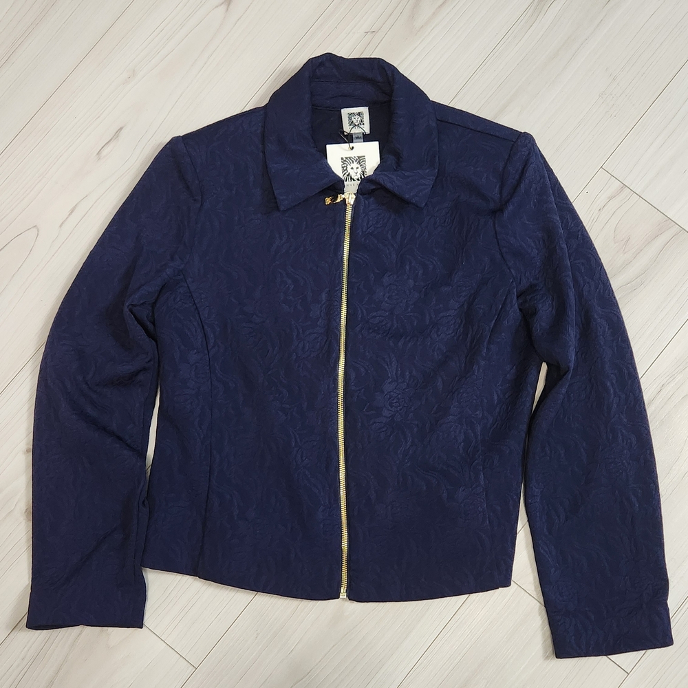 Anne Klein Classic Navy Floral Jacquard Jacket with Front Gold Zipper. Size M